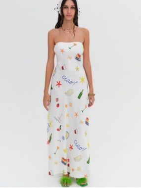 NWOT For Love & Lemons White Maxi Dress with Multicolor Summer Motif XS